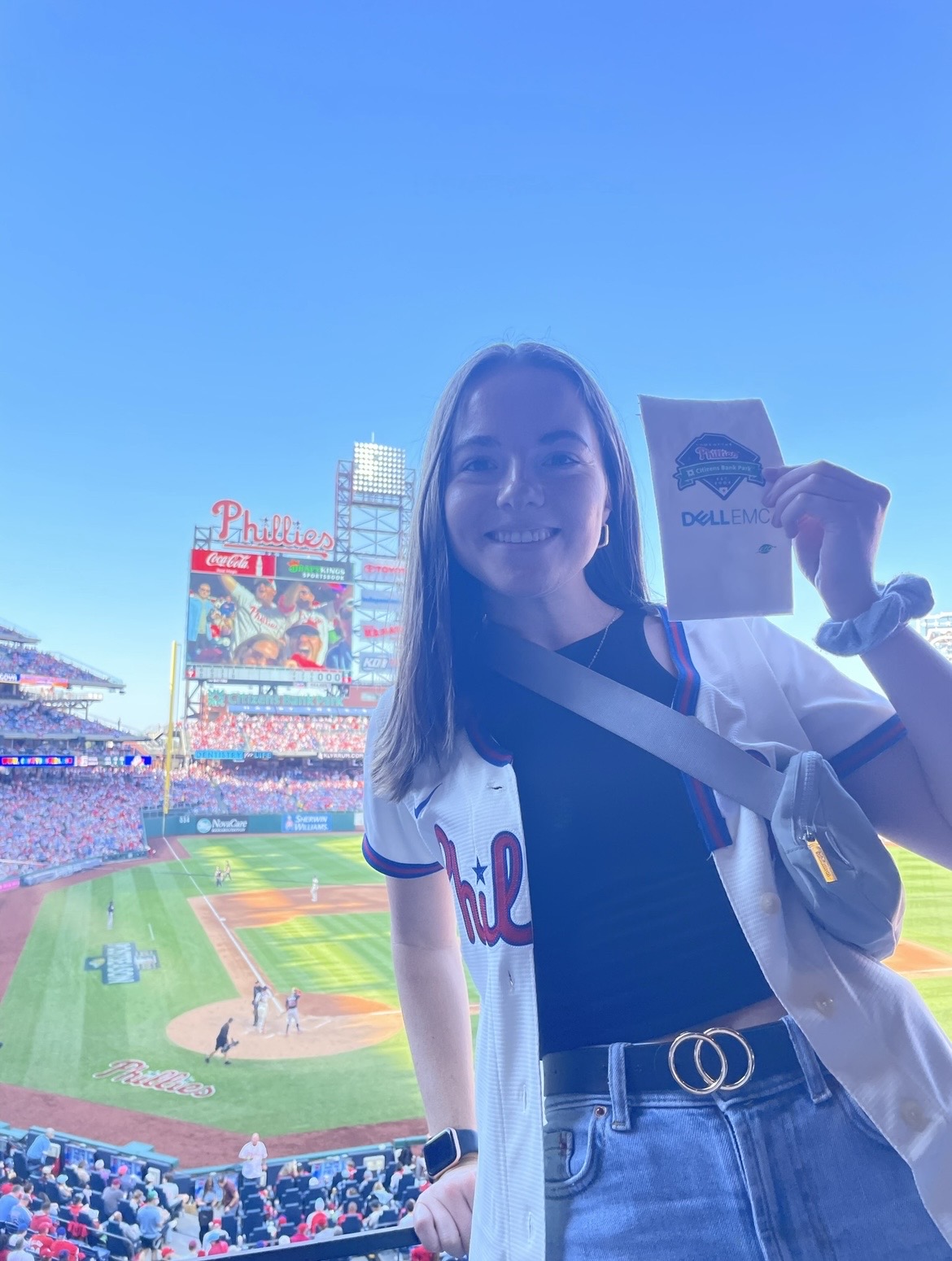 Rosie at Phillies baseball game sponsored by Dell EMC.